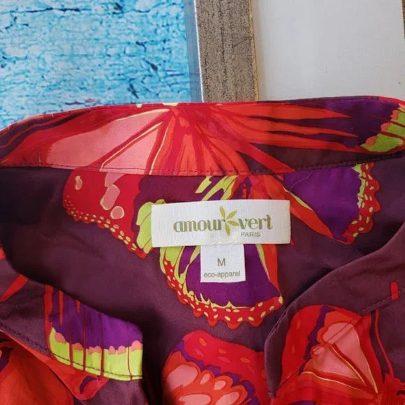 Amour Vert Red Dalila Silk Butterfly Print Tunic Shift Mini Dress M - Picture 10 of 11